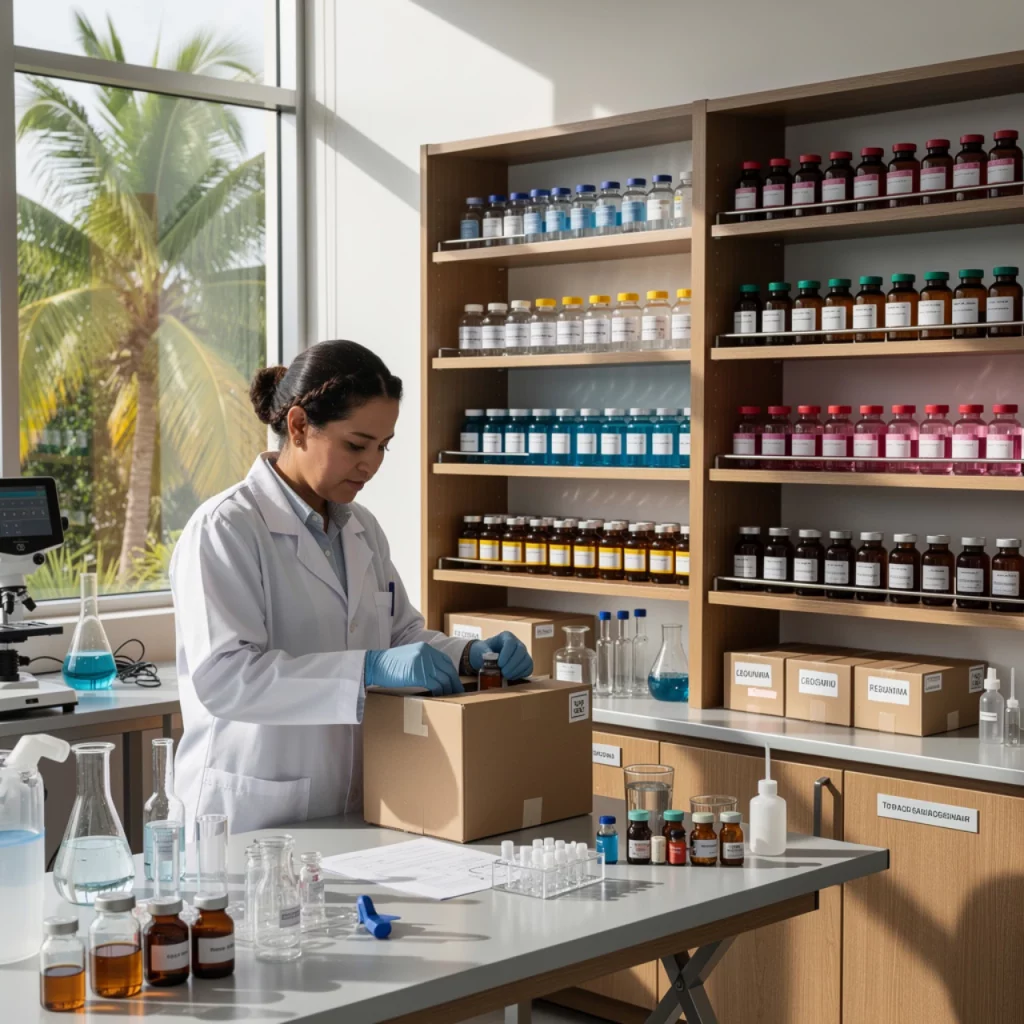 Peptide Research Product Bottle On a Laboratory Table