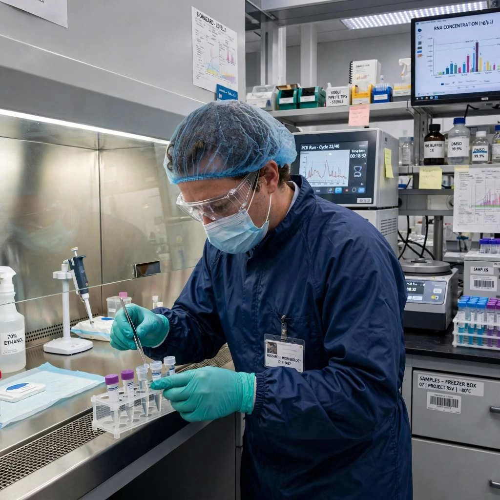 Scientist Handling Peptide Samples In Biosafety Cabinet
