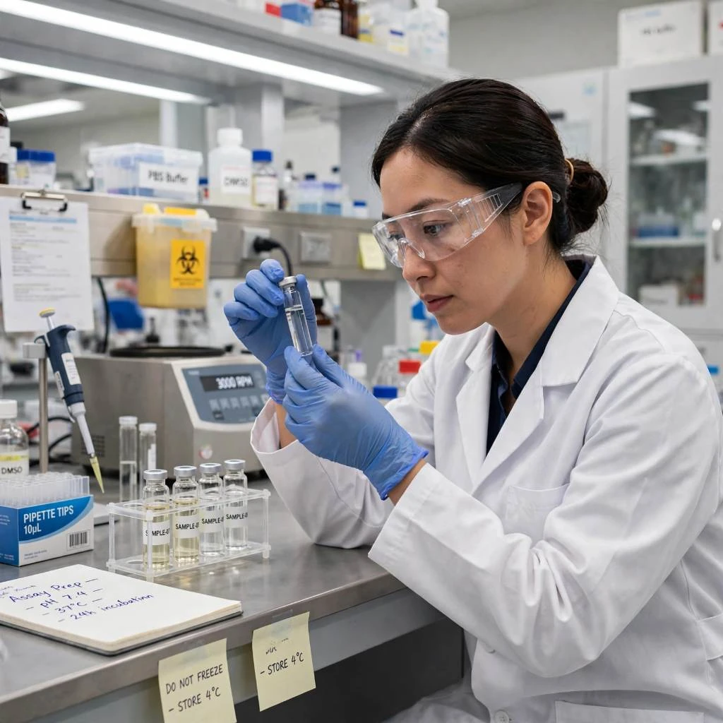 Female Scientist Examining Peptide Vial Research